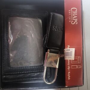 Chaps Ralph Lauren Black Leather Card Holder with Silver Key Clip